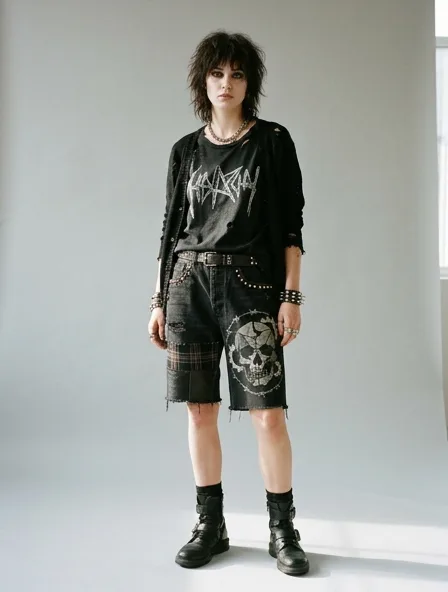 Punk shorts on a model: dark, distressed, studded, graphic, anti-mainstream