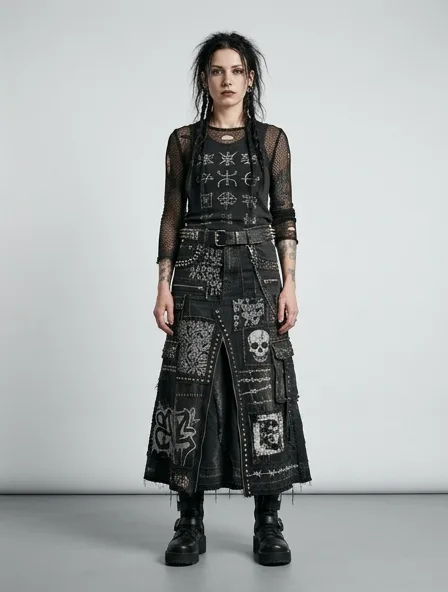 Punk skirt on a model: dark, distressed, studded, graphic, anti-mainstream