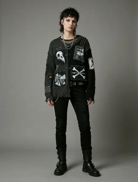 Punk sweater on a model: dark, distressed, studded, graphic, anti-mainstream