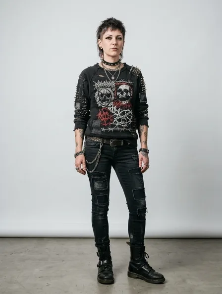 Punk sweatshirt on a model: dark, distressed, studded, graphic, anti-mainstream