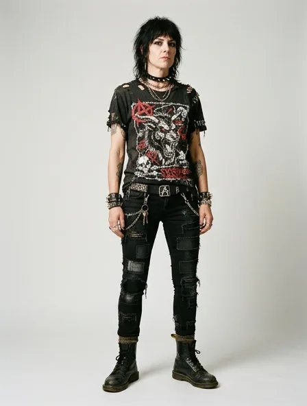 Punk t-shirt on a model: dark, distressed, studded, graphic, anti-mainstream