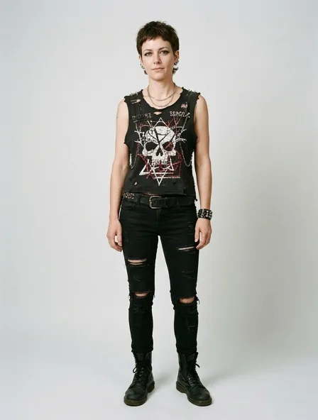 Punk tank top on a model: dark, distressed, studded, graphic, anti-mainstream