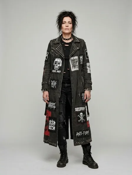 Punk trench coat on a model: dark, distressed, studded, graphic, anti-mainstream