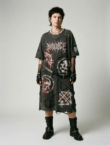 Punk tunic on a model: dark, distressed, studded, graphic, anti-mainstream
