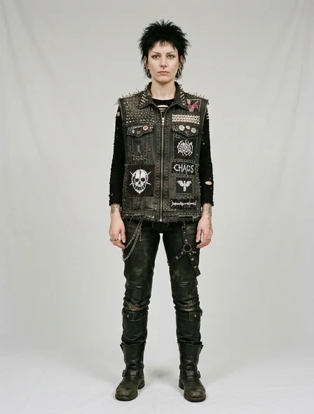 Punk vest on a model: dark, distressed, studded, graphic, anti-mainstream