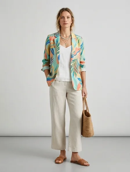 Resort blazer on a model: breezy, tropical, lightweight, colorful