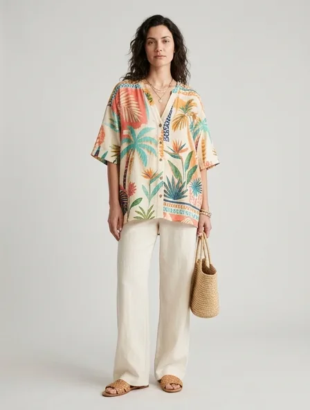 Resort blouse on a model: breezy, tropical, lightweight, colorful