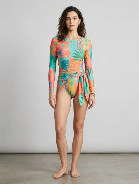 Resort bodysuit on a model: breezy, tropical, lightweight, colorful