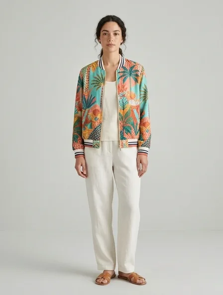 Resort bomber jacket on a model: breezy, tropical, lightweight, colorful