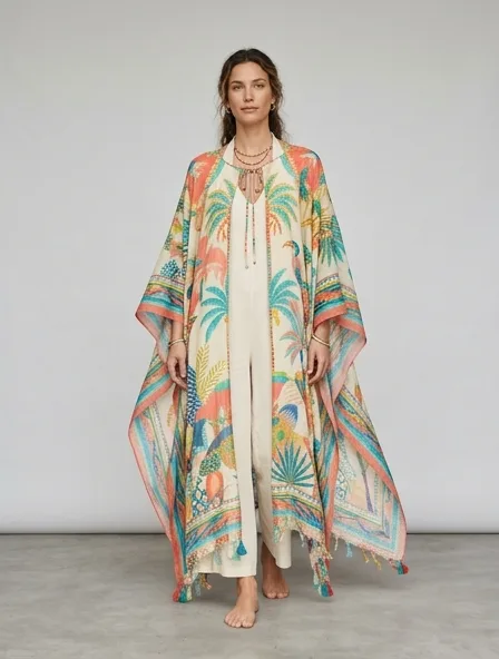 Resort cape on a model: breezy, tropical, lightweight, colorful