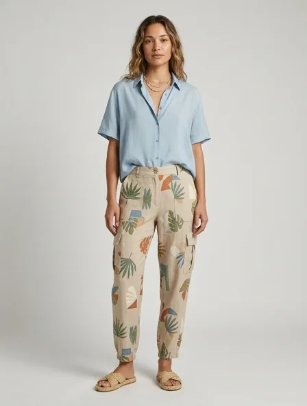 Resort cargo pants on a model: breezy, tropical, lightweight, colorful