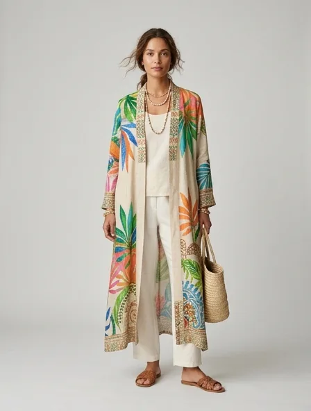 Resort coat on a model: breezy, tropical, lightweight, colorful