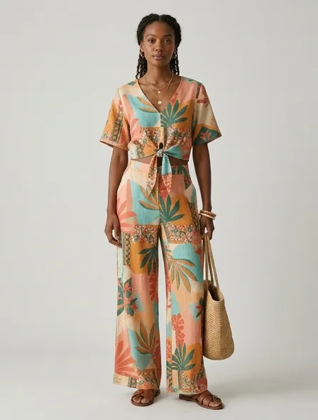 Resort crop top on a model: breezy, tropical, lightweight, colorful