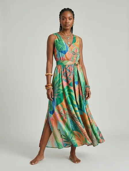 Resort dress on a model: breezy, tropical, lightweight, colorful