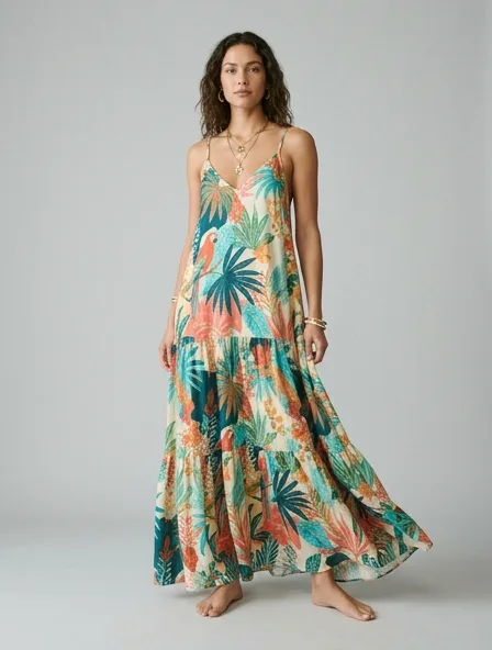 Resort gown on a model: breezy, tropical, lightweight, colorful