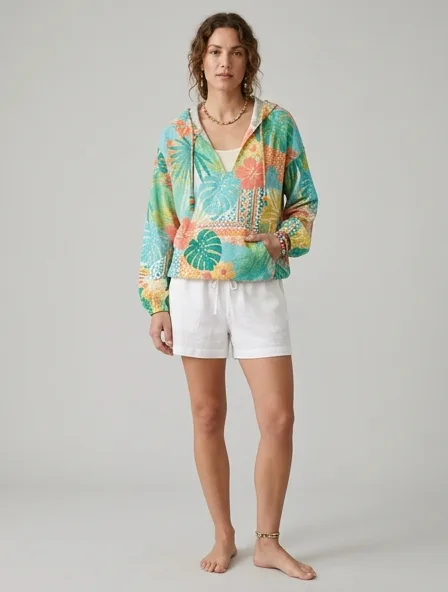 Resort hoodie on a model: breezy, tropical, lightweight, colorful