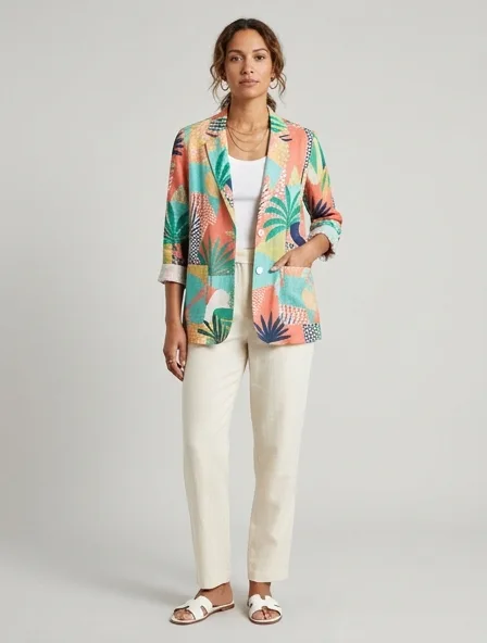 Resort jacket on a model: breezy, tropical, lightweight, colorful