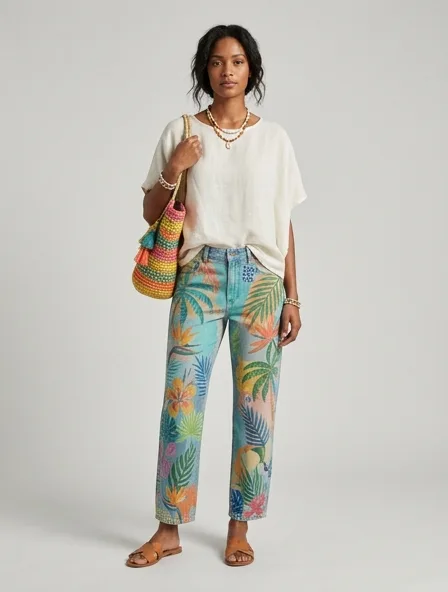 Resort jeans on a model: breezy, tropical, lightweight, colorful