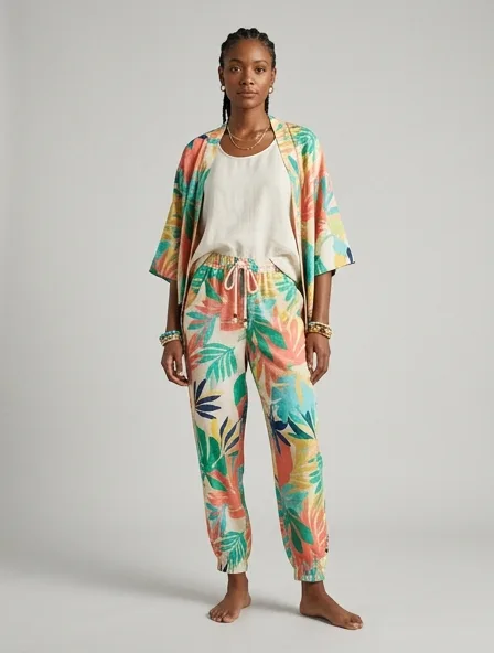 Resort joggers on a model: breezy, tropical, lightweight, colorful