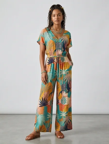 Resort jumpsuit on a model: breezy, tropical, lightweight, colorful