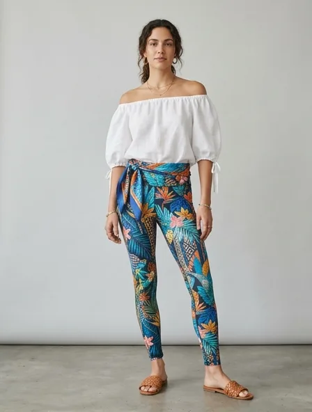 Resort leggings on a model: breezy, tropical, lightweight, colorful
