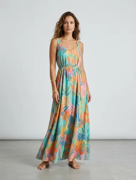 Resort maxi dress on a model: breezy, tropical, lightweight, colorful