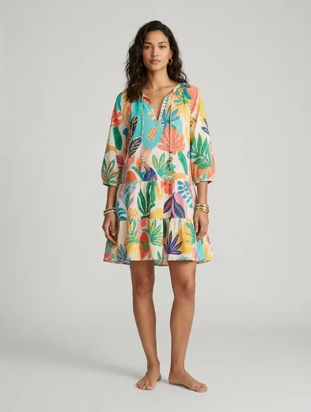 Resort mini dress on a model: breezy, tropical, lightweight, colorful