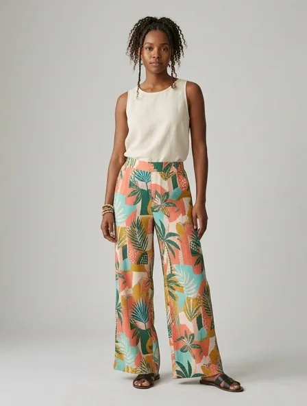 Resort pants on a model: breezy, tropical, lightweight, colorful
