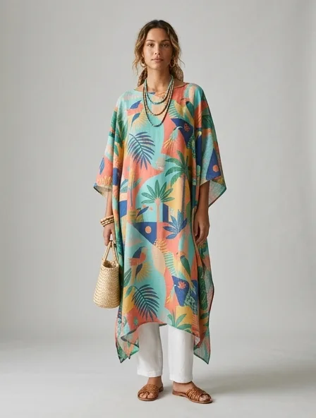 Resort poncho on a model: breezy, tropical, lightweight, colorful
