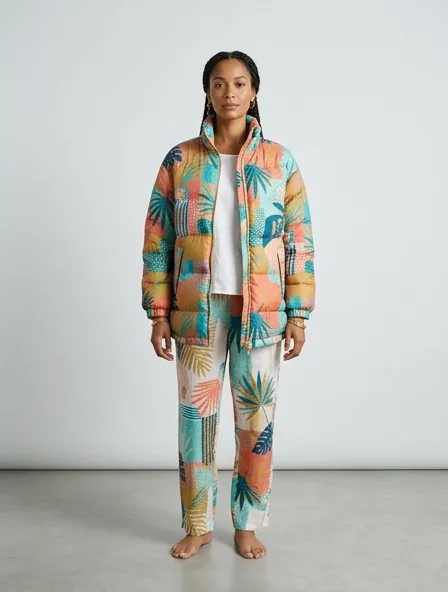 Resort puffer jacket on a model: breezy, tropical, lightweight, colorful