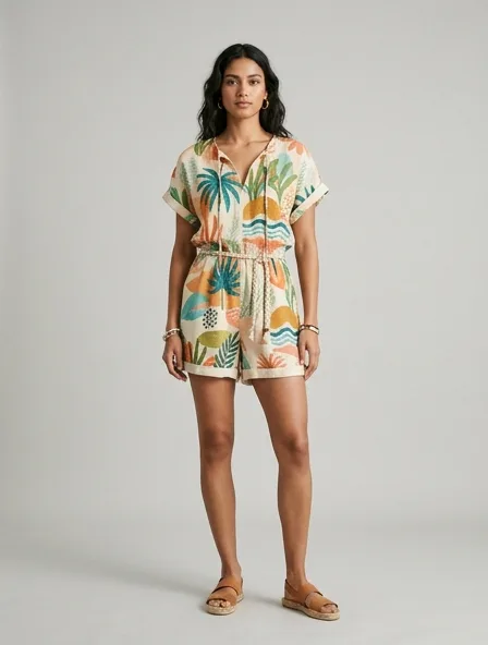 Resort romper on a model: breezy, tropical, lightweight, colorful