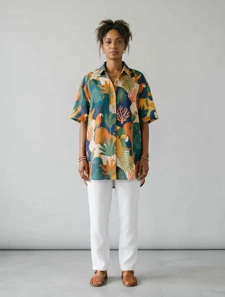 Resort shirt on a model: breezy, tropical, lightweight, colorful