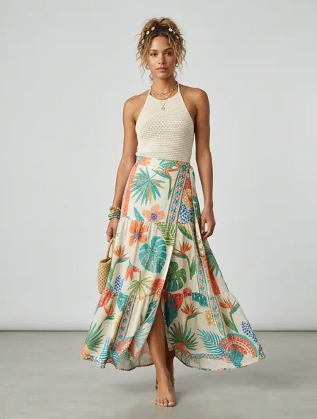 Resort skirt on a model: breezy, tropical, lightweight, colorful