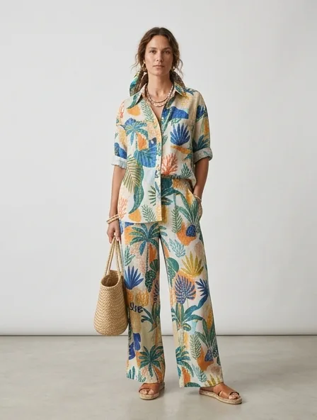 Resort suit on a model: breezy, tropical, lightweight, colorful