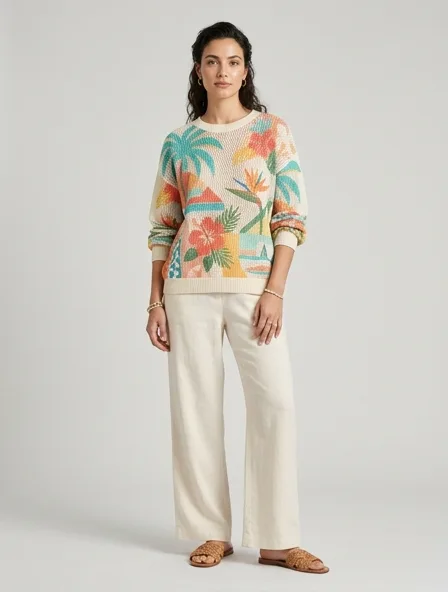Resort sweater on a model: breezy, tropical, lightweight, colorful
