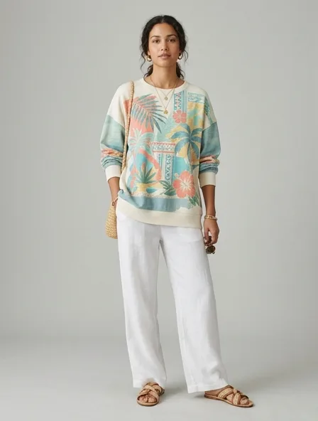 Resort sweatshirt on a model: breezy, tropical, lightweight, colorful