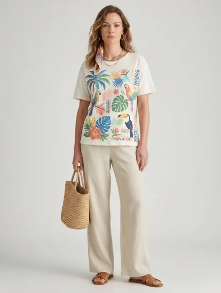 Resort t-shirt on a model: breezy, tropical, lightweight, colorful