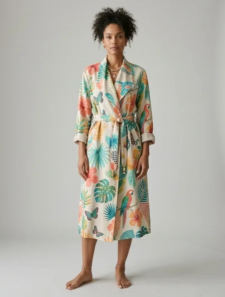 Resort trench coat on a model: breezy, tropical, lightweight, colorful