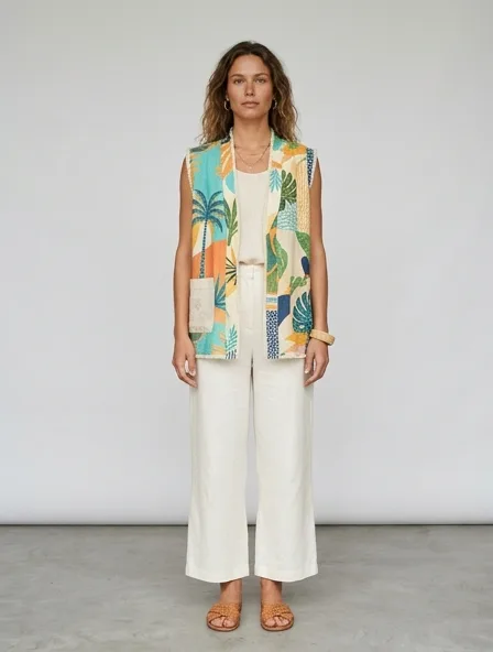 Resort vest on a model: breezy, tropical, lightweight, colorful