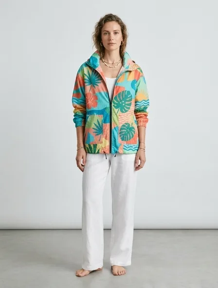 Resort windbreaker on a model: breezy, tropical, lightweight, colorful