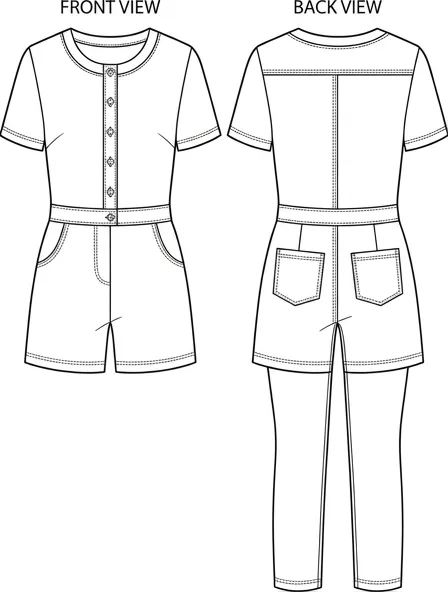 Romper flat technical drawing, front and back