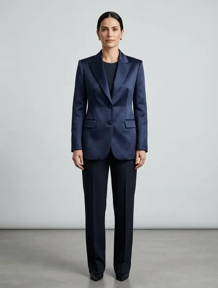 Blazer in duchess satin, on a model in a studio
