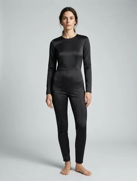 Bodysuit in stretch satin, on a model in a studio