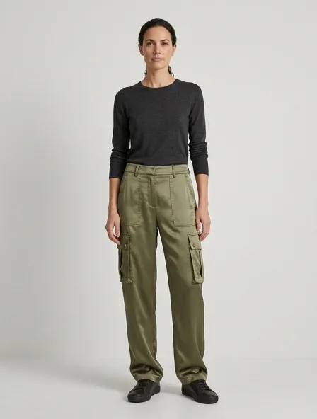 Cargo pants in charmeuse satin, on a model in a studio