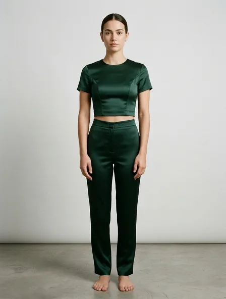 Crop top in stretch satin, on a model in a studio