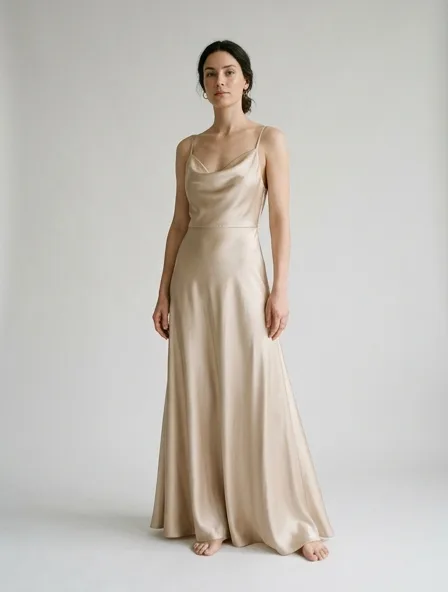 Dress in charmeuse satin, on a model in a studio