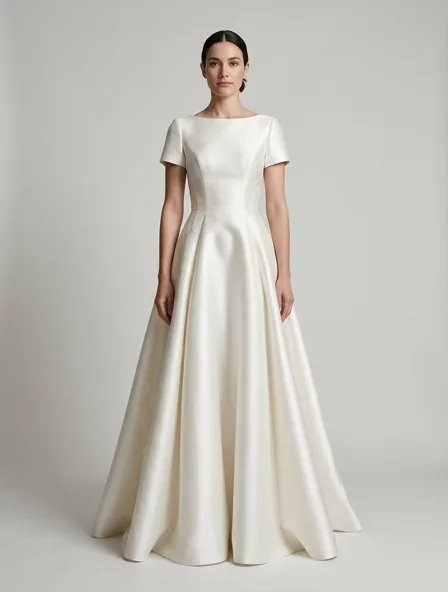 Gown in duchess satin, on a model in a studio