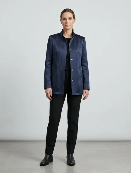 Jacket in jacket satin, on a model in a studio