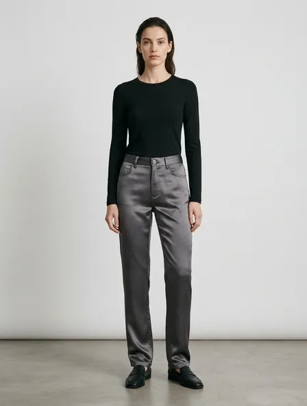 Jeans in charmeuse satin, on a model in a studio