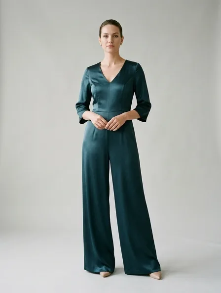 Jumpsuit in charmeuse satin, on a model in a studio